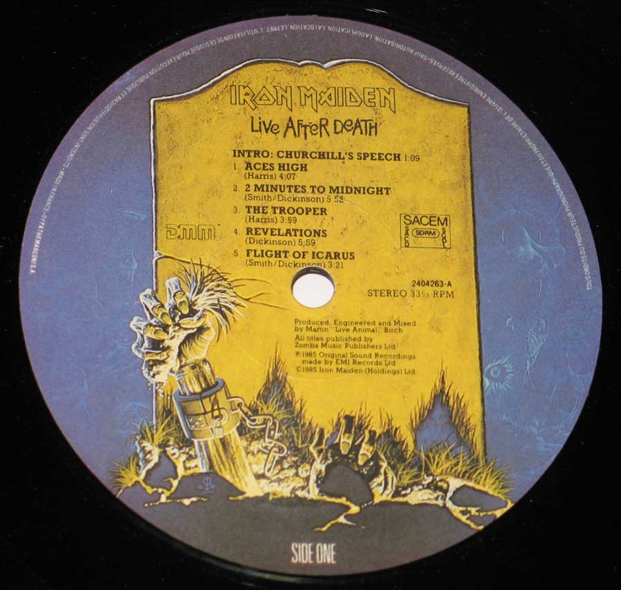 IRON MAIDEN - Live After Death France release 12" 2LP Vinyl Album enlarged record label