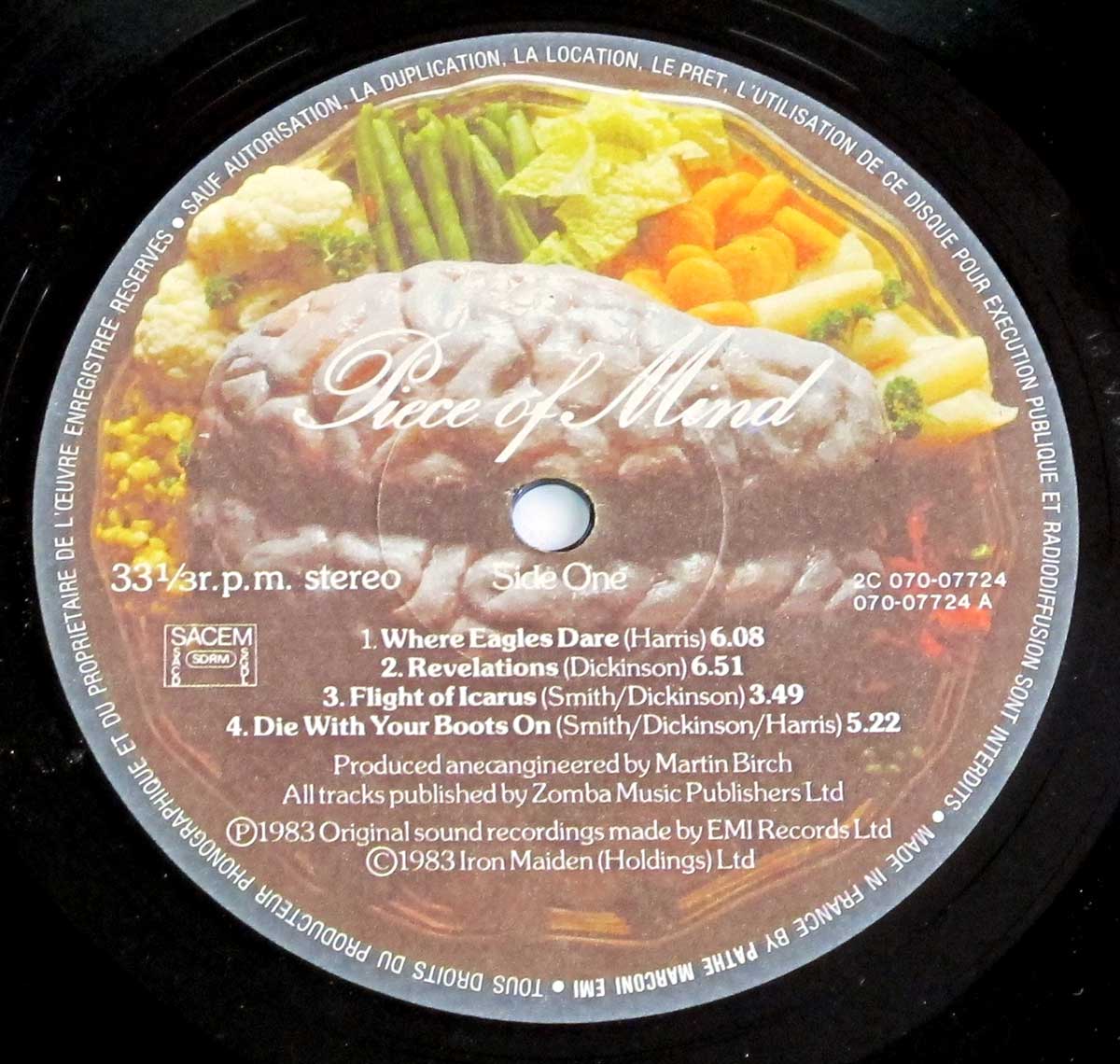 Close up photo of the records label IRON MAIDEN - Piece Of Mind France Gatefold Album Cover 