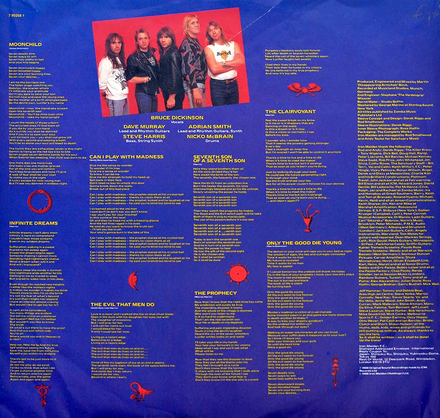 Lyrics of all the songs on the album "Seventh Son of the Seventh Son" printed on the original custom inner sleeve with blue background colour and yellow lettering