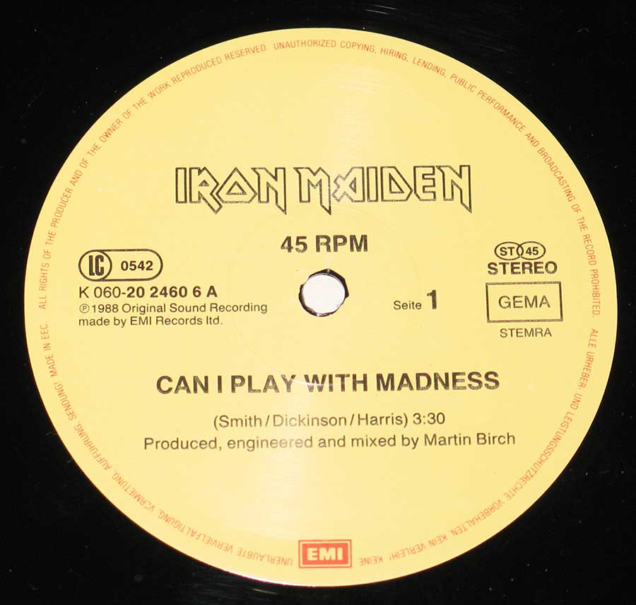 IRON MAIDEN - Can I Play With Madness ( Germany Release ) 12" MAXI vinyl 
 enlarged record label