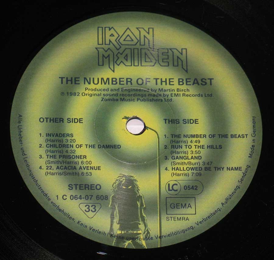 IRON MAIDEN - Number of the Beast Germany 2nd Release 12" Vinyl LP Album
 enlarged record label