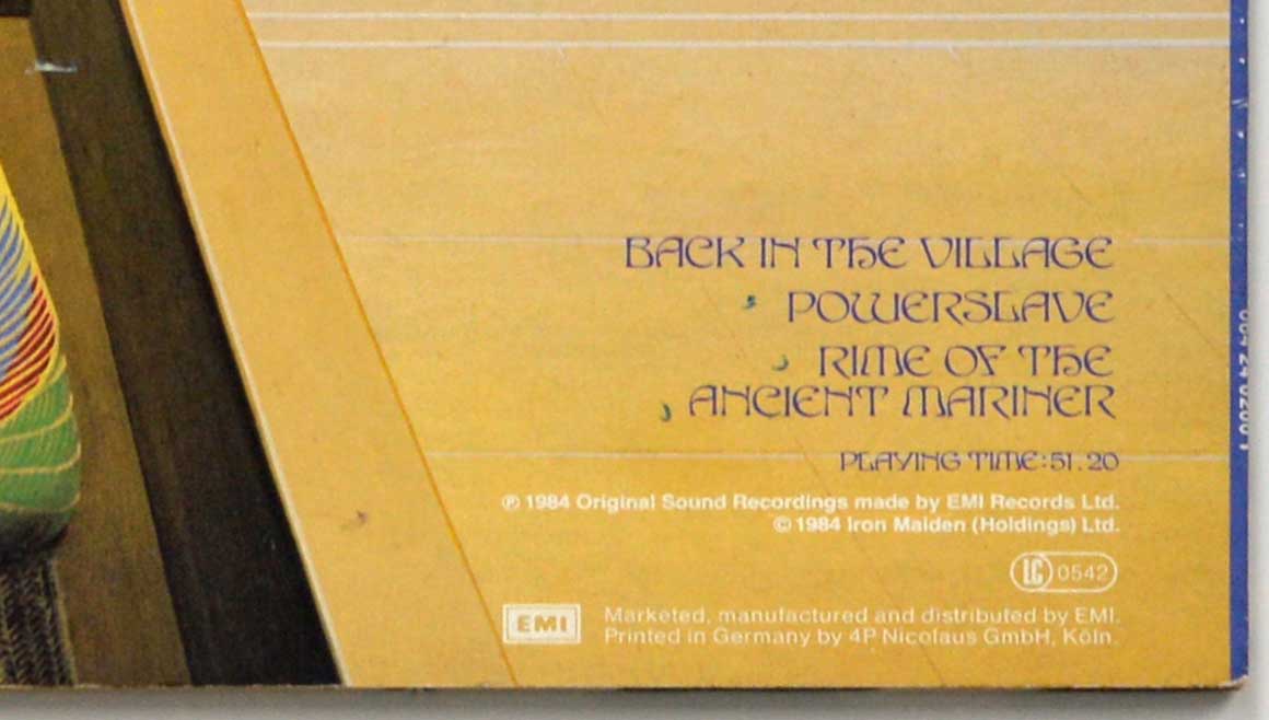 Close-up of the "Printed In Germany by 4P Nicolaus GMBH, Köln" on album back cover  