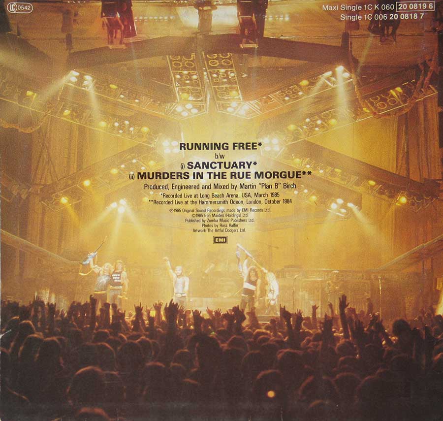 IRON MAIDEN Running Free Live 12" Maxi-Single  album back cover