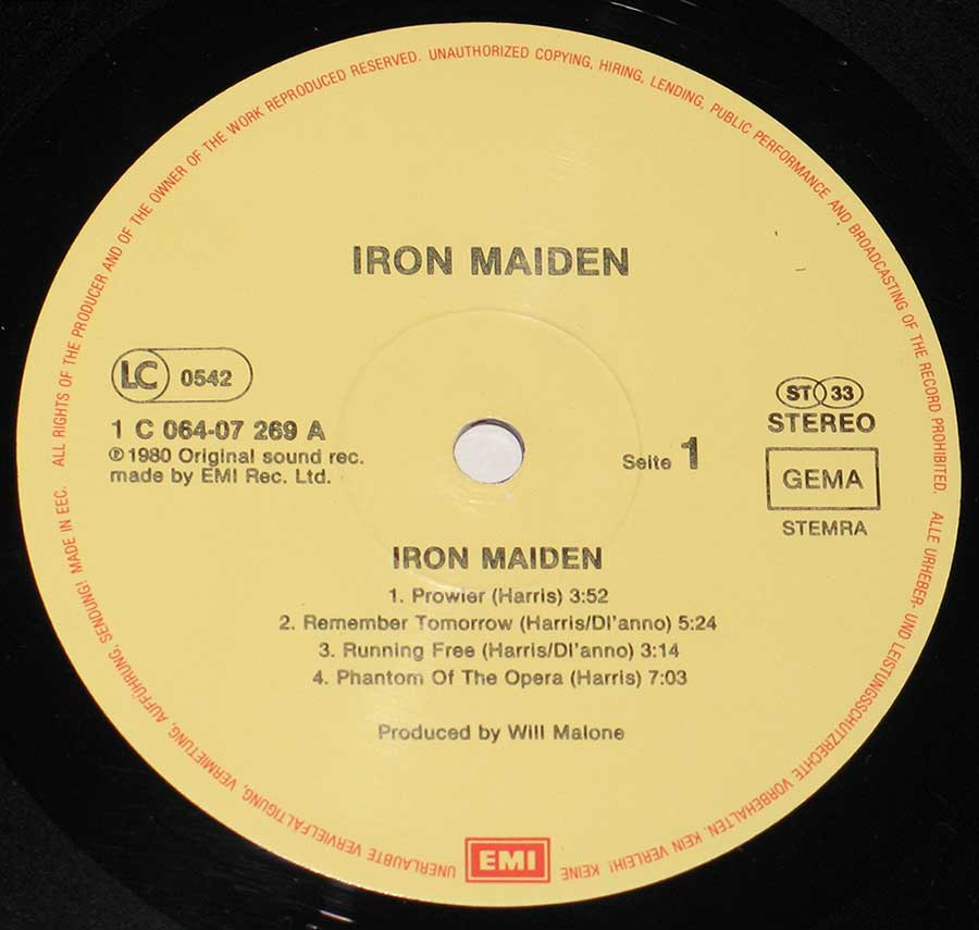 IRON MAIDEN - Self-Titled Germany Fame 12" Vinyl LP Album enlarged record label