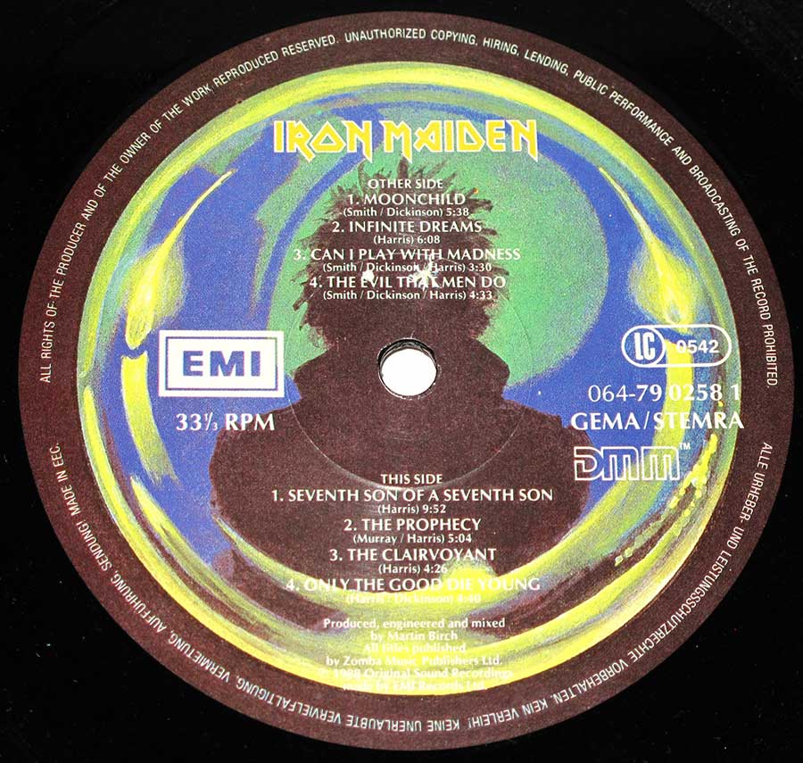 IRON MAIDEN - Seventh Son Of A Seventh Son German Release 12" Vinyl LP Album
 enlarged record label
