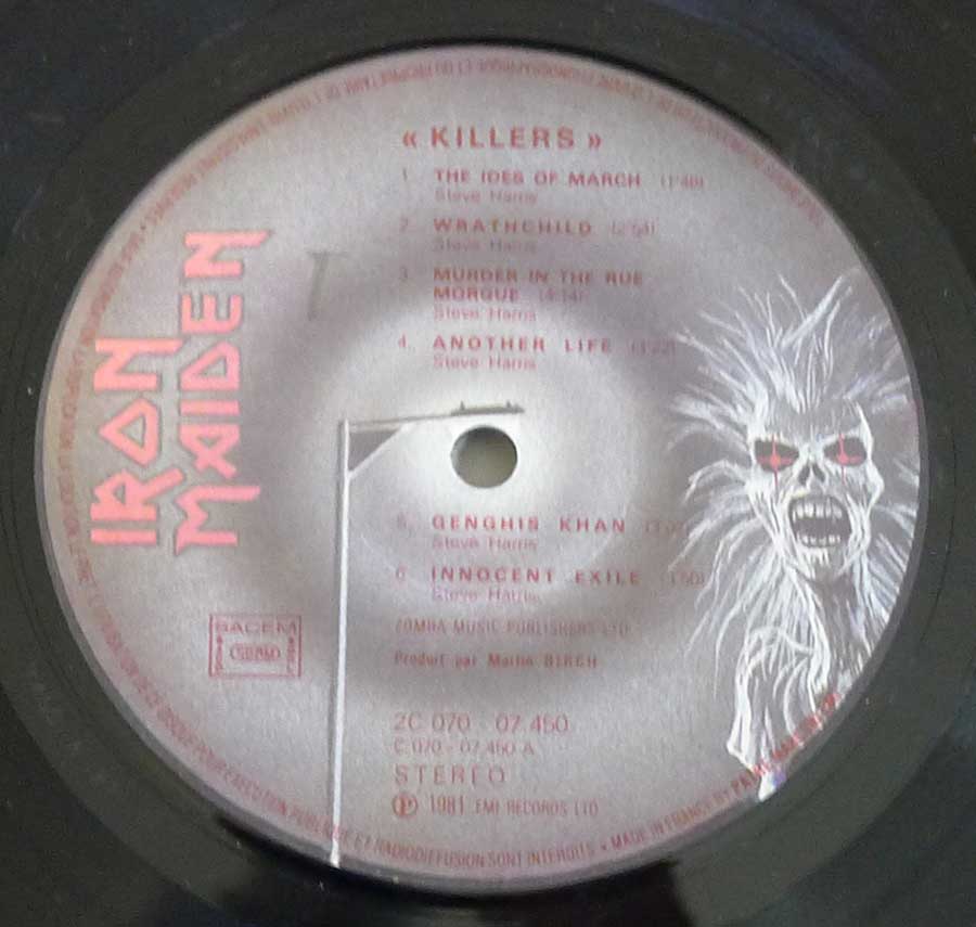 IRON MAIDEN - Killers France Release 12" LP ALBUM VINYL  enlarged record label