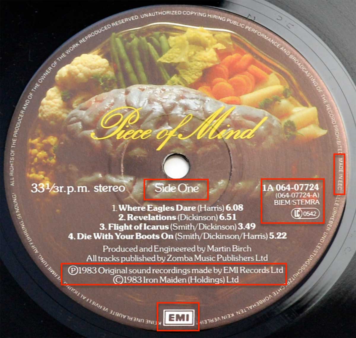 Photo of record label of IRON MAIDEN - Piece of Mind ( Netherlands and Europe ) 