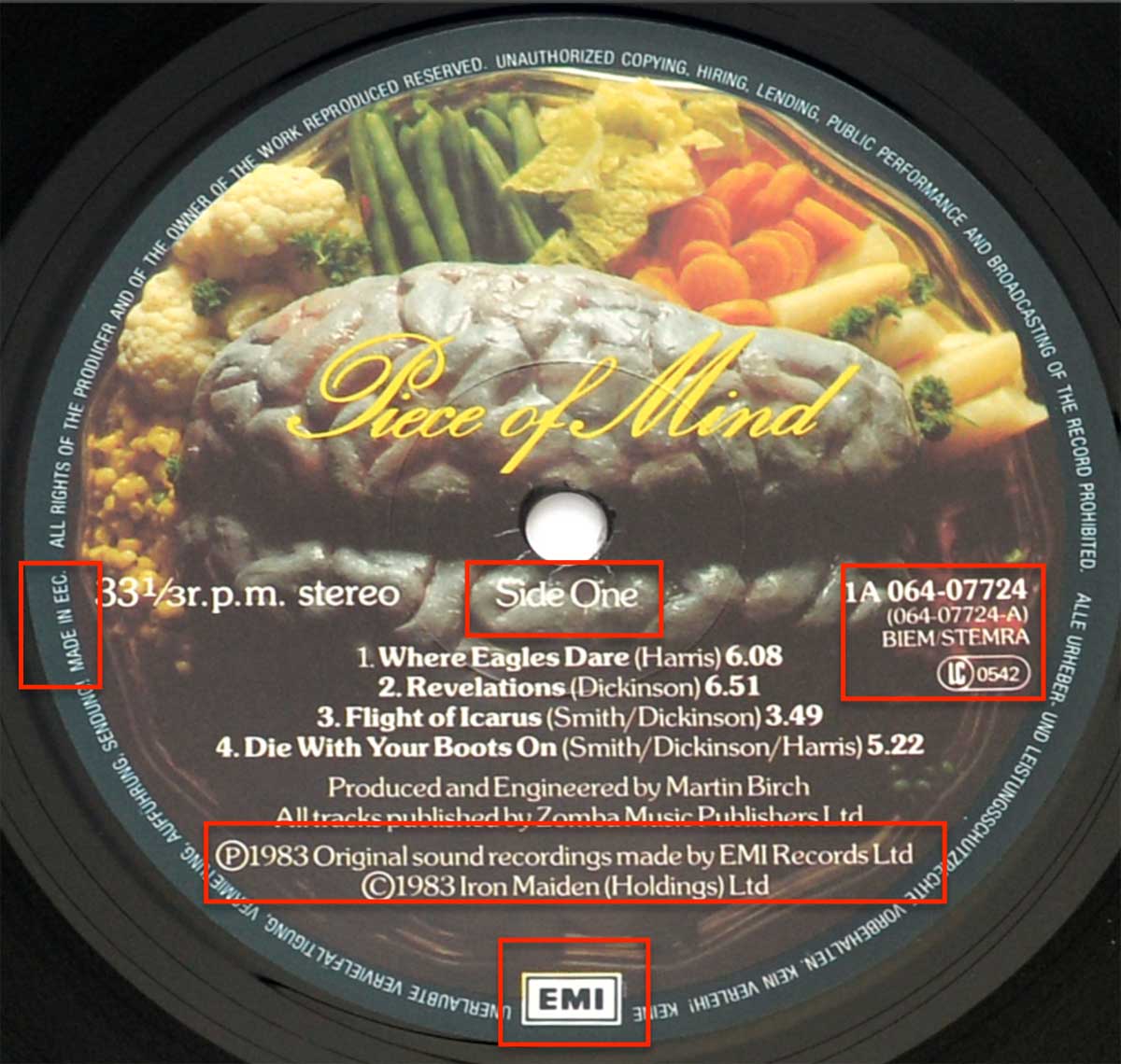 Close up photo of the records label IRON MAIDEN - Piece Of Mind Europe Blue Rim-Text Gatefold Cover 