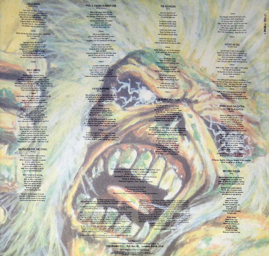 Photo Two of the original custom inner sleeve  IRON MAIDEN - No Prayer For The Dying ( EEC )