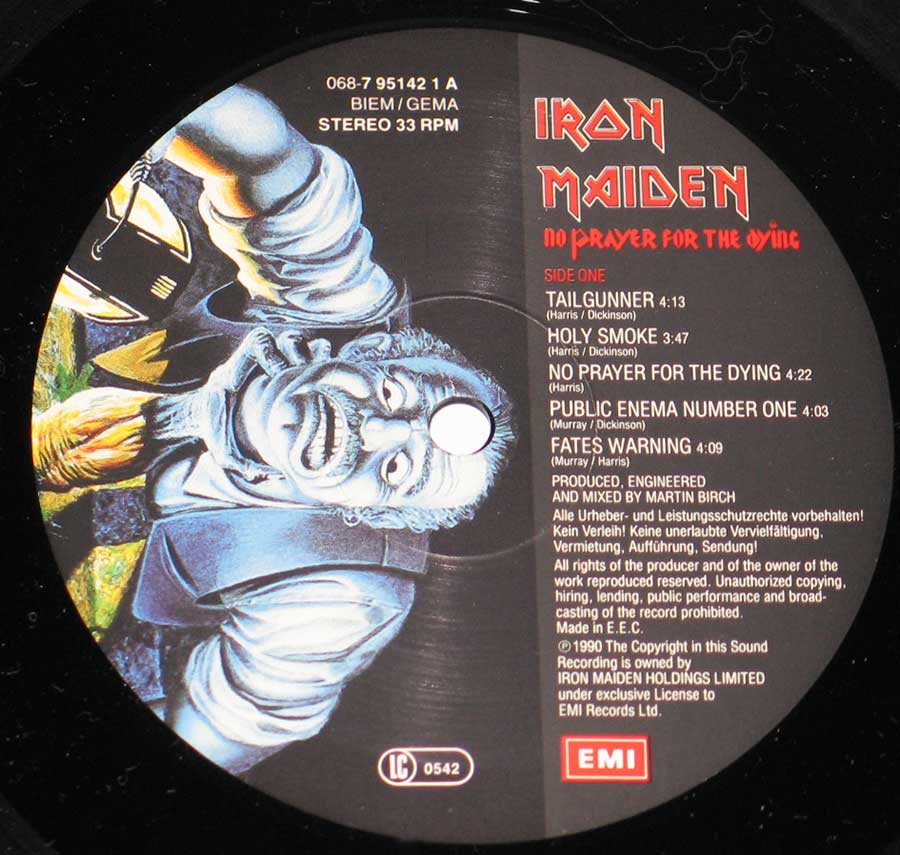 Close up of Side One IRON MAIDEN - No Prayer For The Dying ( EEC ) 
