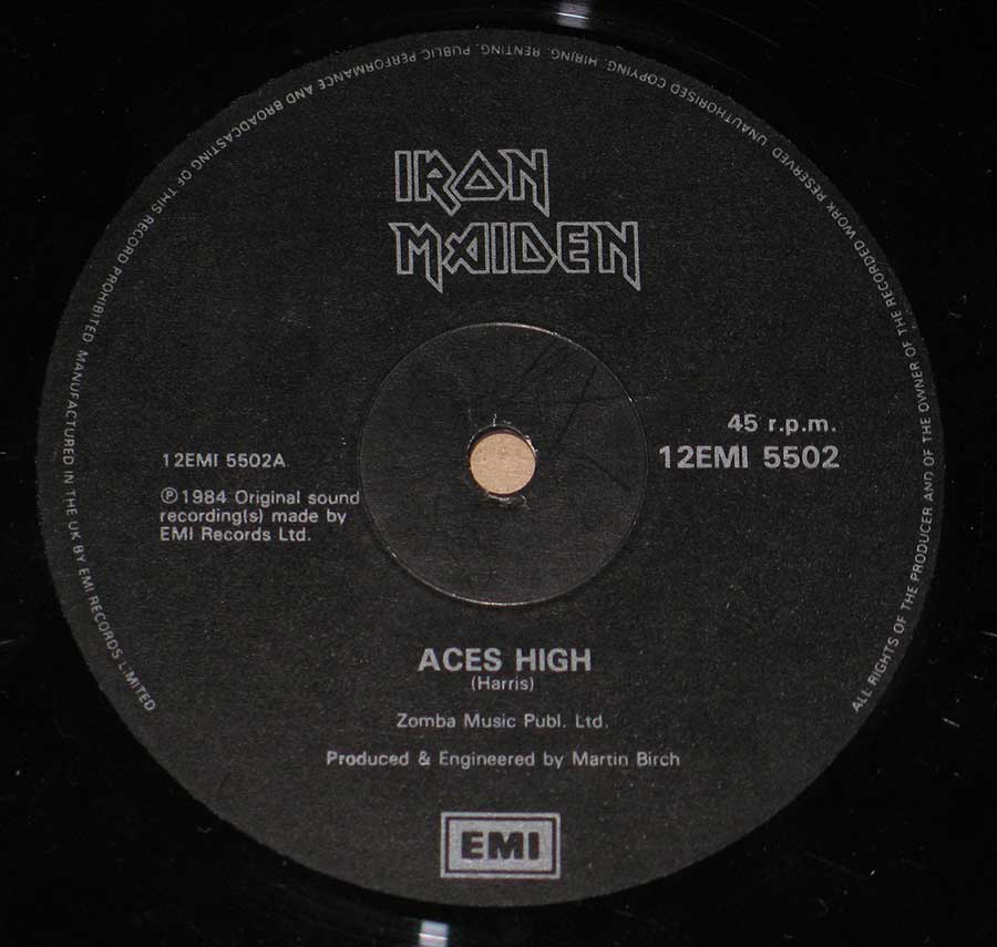 Close up of record's label IRON MAIDEN - Aces High UK Maxi 12" Vinyl  Side One