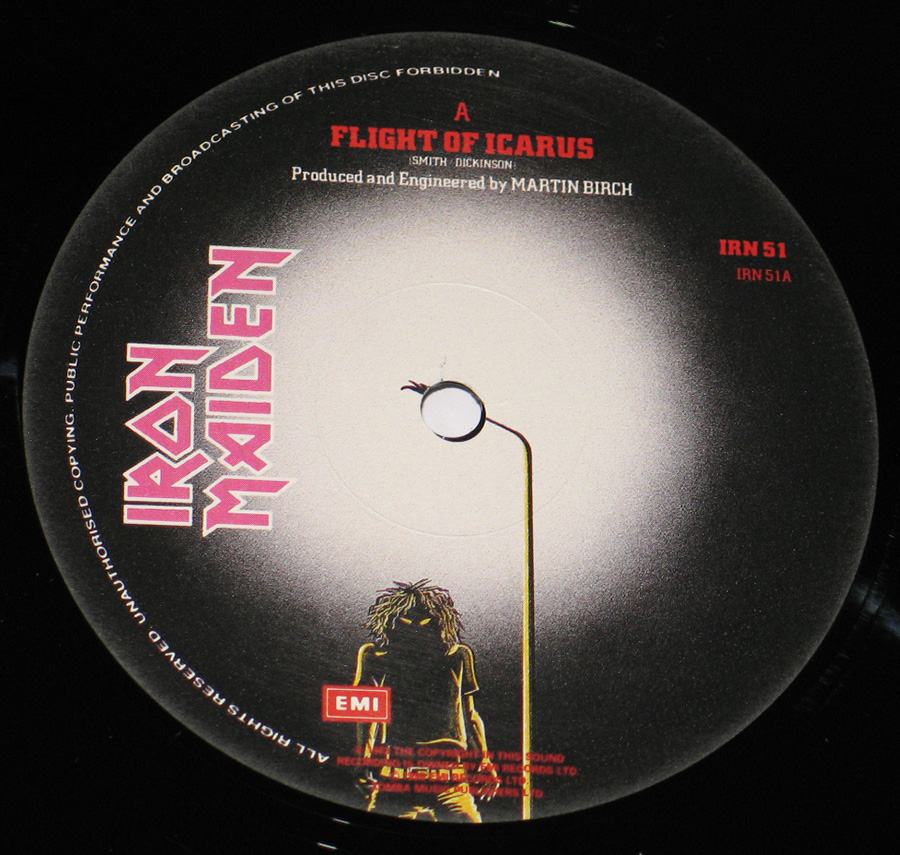 Close up of record's label IRON MAIDEN - The Trooper First Ten Years Side One
