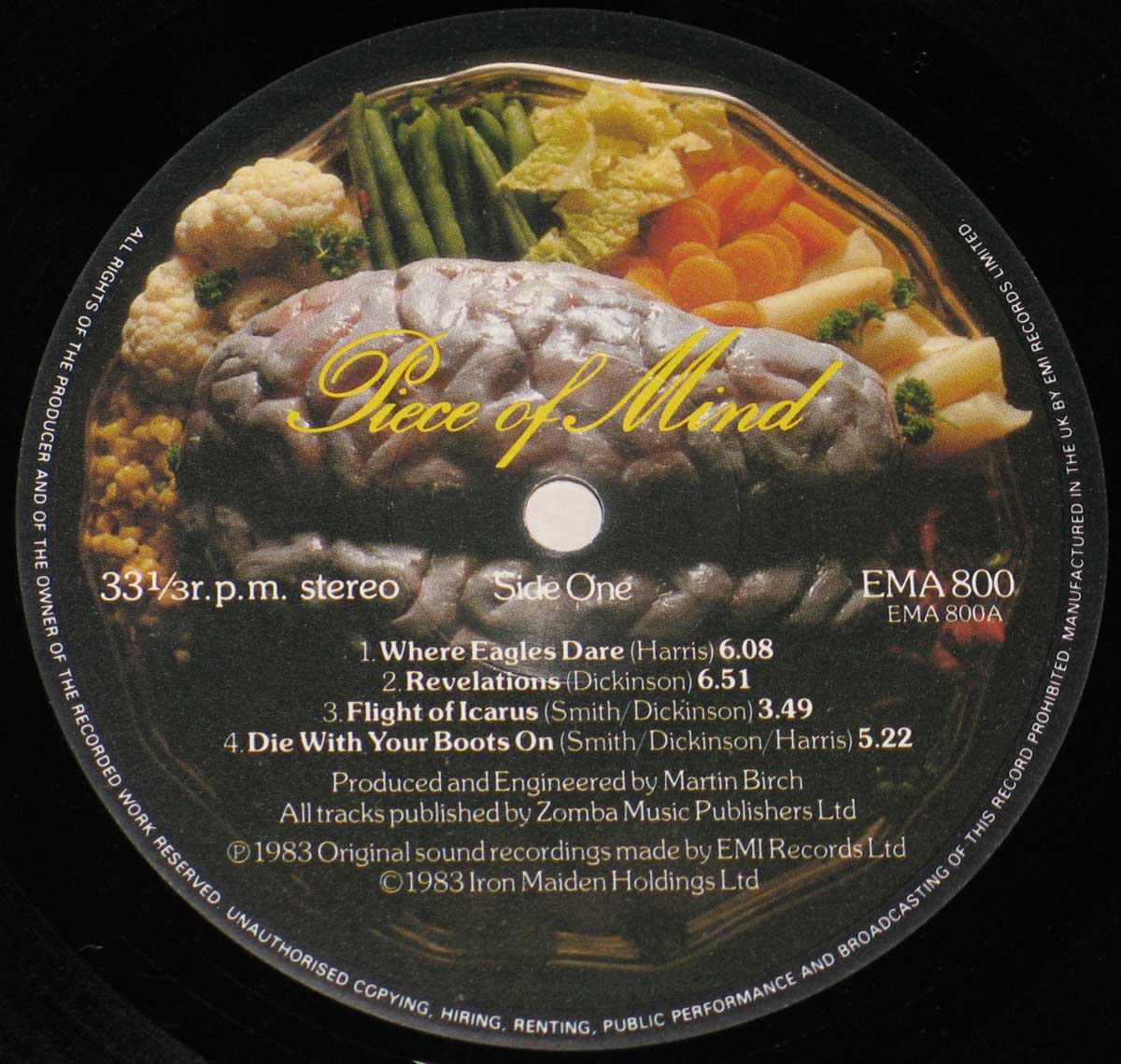 Close up photo of the records label IRON MAIDEN - Piece Of Mind UK Pressing 