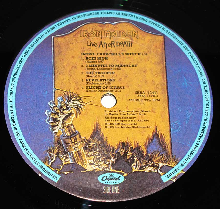 "Live After Death" Record Label Details: Capitol Records SBBA-12441   ℗ 1985 EMI Records Sound Copyright 