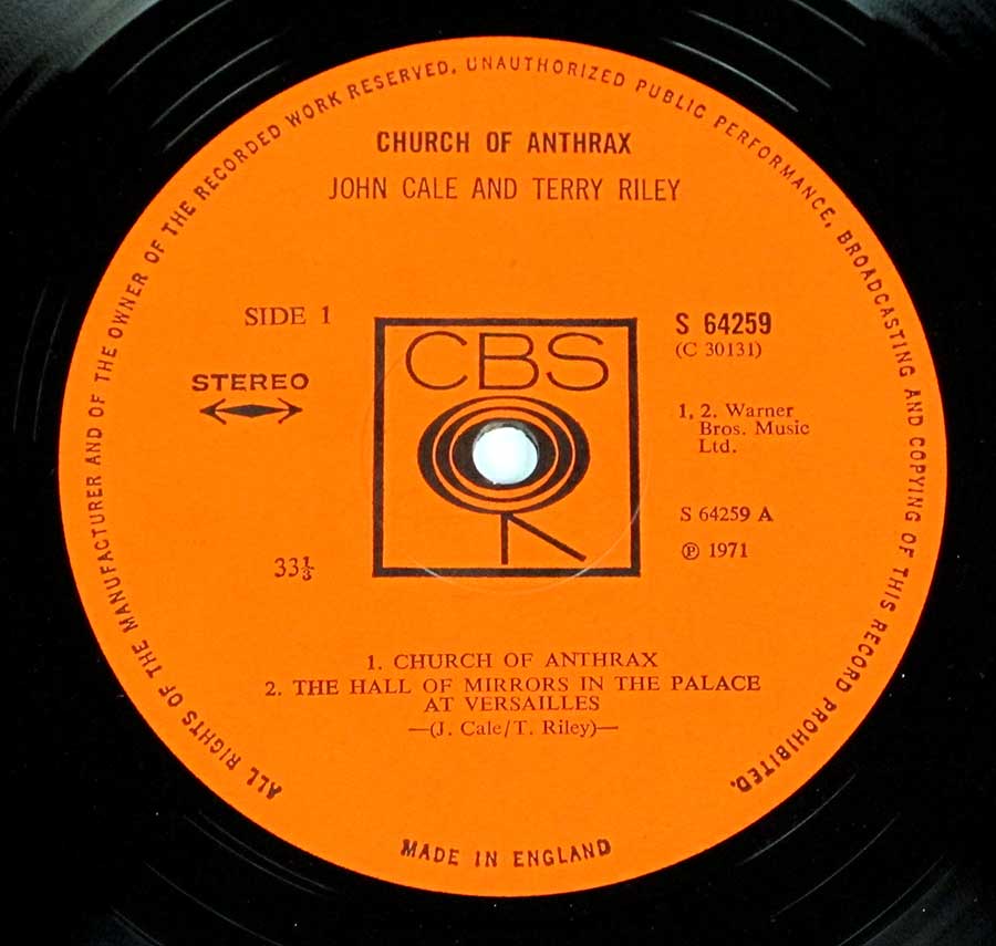 "Church of Anthrax" Orange Colour CBS with Walking Eye around center-hole Record Label Details: CBS 64259 / C 3013 ℗ 191 Sound Copyright 