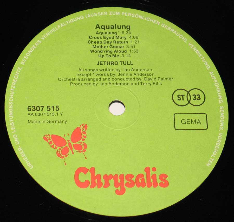 Close up of record's label JETHRO TULL Aqualung Chrysalis German Release Chrysalis 12" Vinyl LP Album Side One