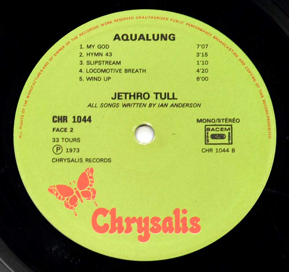 Close-up Photo of "JETHRO TULL - Aqualung France" Green Chrysalis Record Label - Side Two