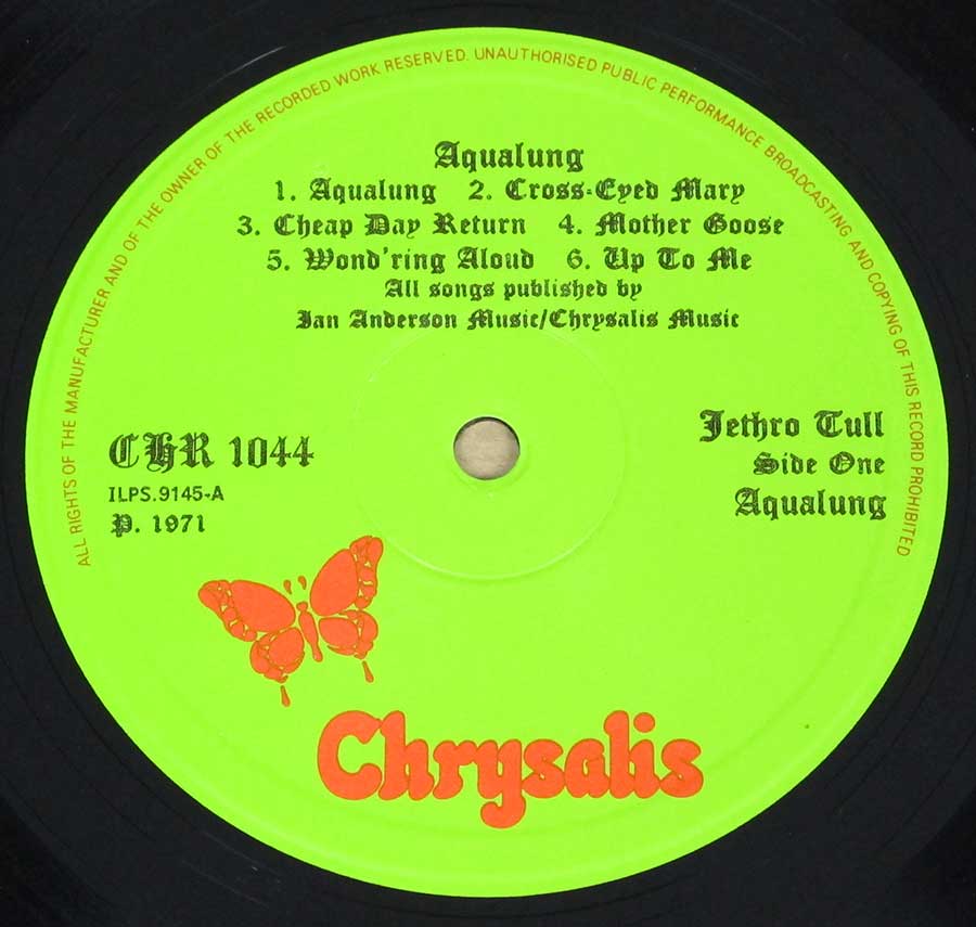Aqualung Green Colour with Orange Letering and Orange Butterfly Logo CHRYSALIS CHR 1044 , ILPS 9145 ℗ 1971 Sound Copyright 