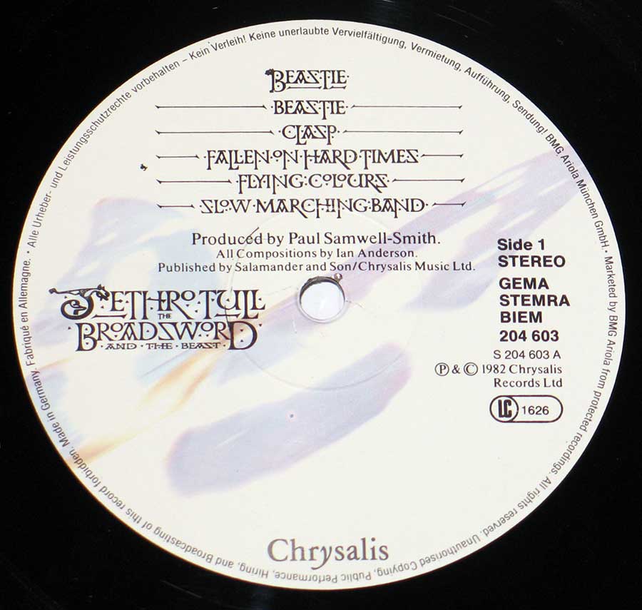 Jethro Tull - Broadsword & the Beast European Release 12" Vinyl LP 
 enlarged record label