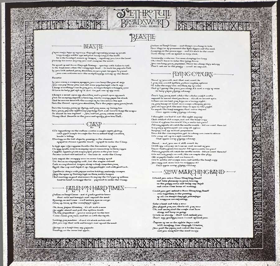 Photo One Of The Original Custom Inner Sleeve JETHRO TULL Broadsword And The Beast Germany/Netherlands 12" LP ALBUM VINYL  