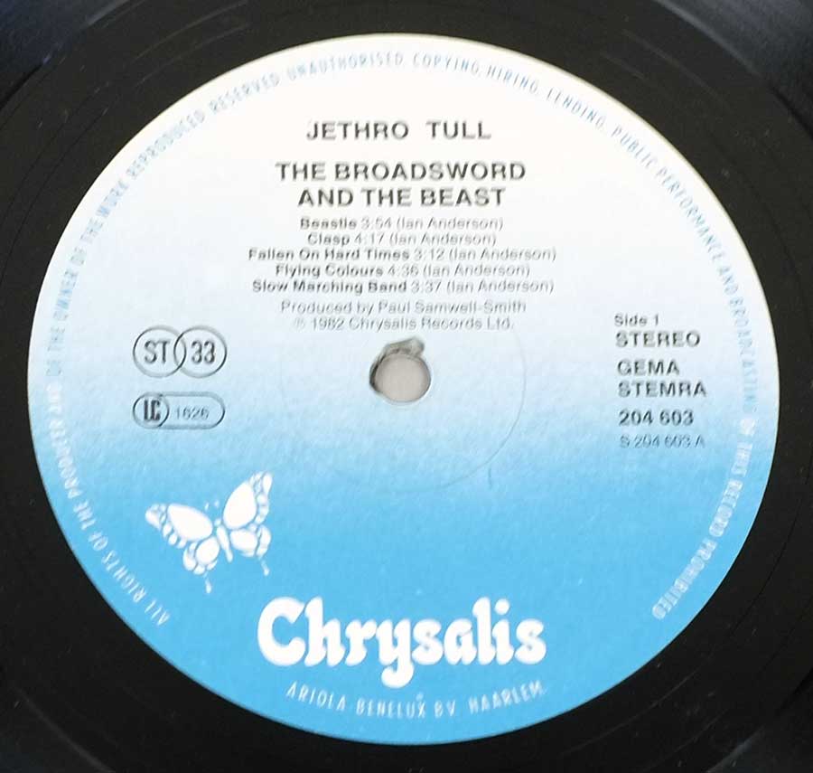 Close up of record's label JETHRO TULL Broadsword And The Beast Germany/Netherlands 12" LP ALBUM VINYL  Side One