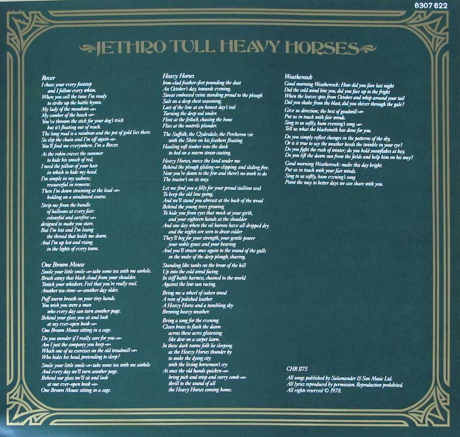 JETHRO TULL - Heavy Horses Lyrics Sheet 12" LP Vinyl Album
 custom inner sleeve