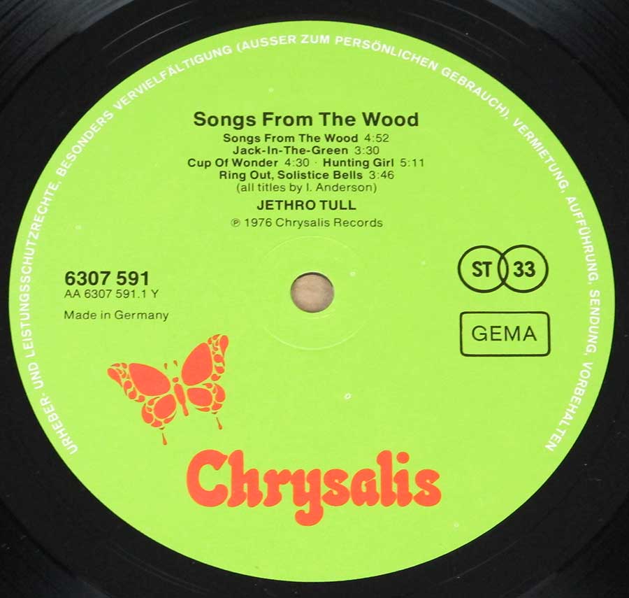 Close up of record's label JETHRO TULL - Songs From The Wood 12" Lp Vinyl Album Side One