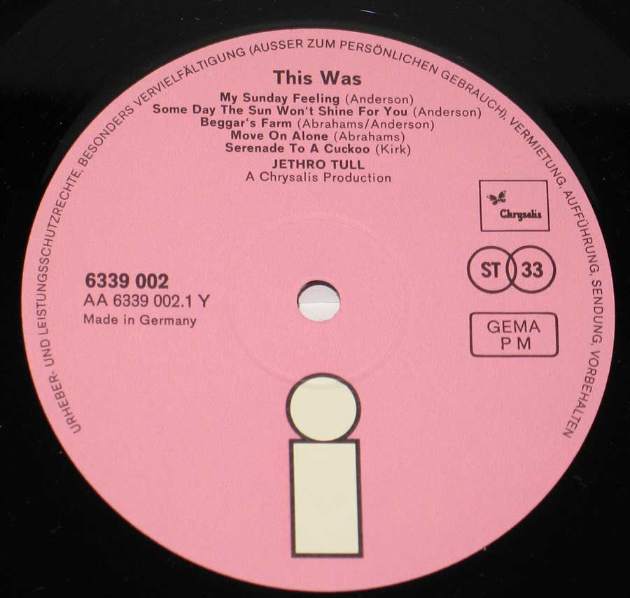 Close up of record's label JETHRO TULL - This Was German Release Pink Island Gatefold 12" Vinyl LP Album Side One