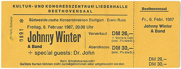 Photo of entry ticket 6 February 1987: Liederhalle Beethovensaal, Stuttgart, Germany. Special Guest: Dr John the Nighttripper 