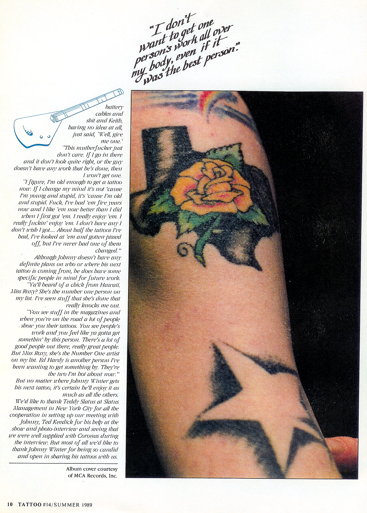 Photo of Johnny Winter in Tattoo Magazine 