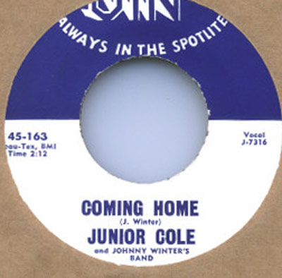 Record label of Junior Cole's single 'Coming Home' with Johnny Winter's band, catalog number 45-163, duration 2:12, written by J. Winter, published by Beau-Tex, released on Jin Records.