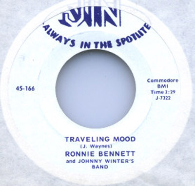 White label record titled 'Traveling Mood' by Ronnie Bennett and Johnny Winter's Band, with catalog number J-7322, released by Jin Records.