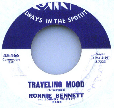 Record label of Ronnie Bennett's single 'Traveling Mood' with Johnny Winter's band, catalog number 45-166, duration 2:29, written by J. Waynes, published by Commodore, released on Jin Records.