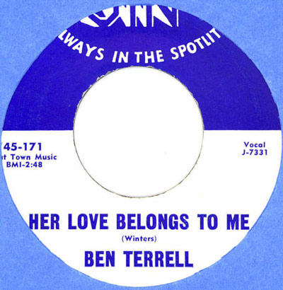 Vinyl record label for the single 'Her Love Belongs to Me' by Ben Terrell, released under Jin Records with catalog number 45-171.