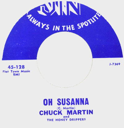 Vinyl record label for the single 'Oh Susanna' by Chuck Martin and The Honey Drippers, released under Jin Records with catalog number 45-128.