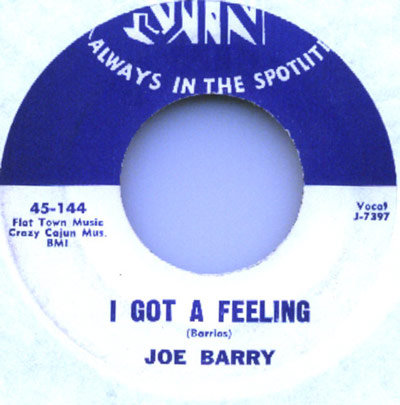 Vinyl record label for 'I Got a Feeling' by Joe Barry on Jin Records, catalog number J-7397.