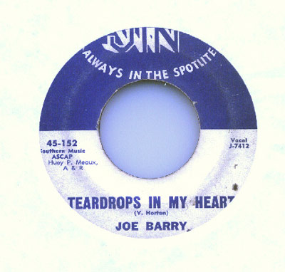 Vinyl record label for 'Teardrops in My Heart' by Joe Barry on Jin Records, catalog number J-7412.