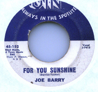 Vinyl record label for 'For You Sunshine' by Joe Barry on Jin Records, catalog number J-7413.