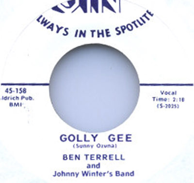 Vinyl record label for 'Golly Gee' by Ben Terrell and Johnny Winter's Band on Jin Records, catalog number S-2025.