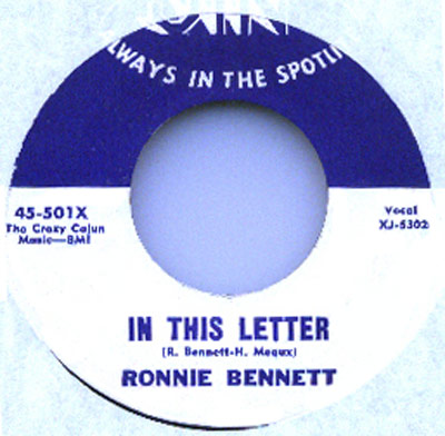 Vinyl record label for 'In This Letter' by Ronnie Bennett on Jin Records, catalog number XJ-5302.