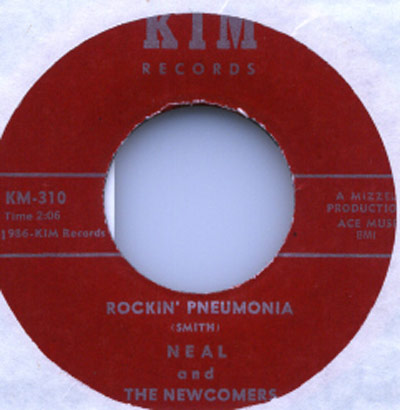 Red label of KIM Records, featuring the 1956 release of 'Rockin' Pneumonia' by Neal and the Newcomers.