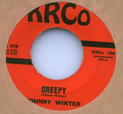 KRCo 45 RPM record label of Johnny Winter's instrumental song 'Creepy' with red background and black text