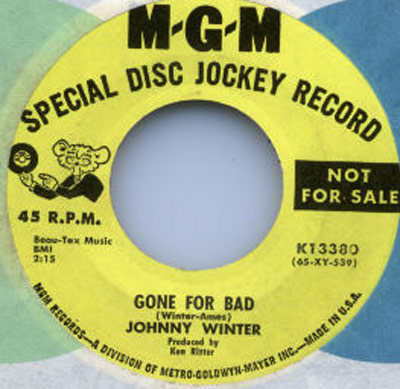 MGM Special Disc Jockey record label for Johnny Winter's Gone for Bad, promotional copy, catalog number K13380, produced by Ken Ritter, circa 1960s