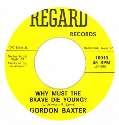 vinyl record label for Gordon Baxter's song We Just Called Him Sam released by Regard Records in Beaumont Texas