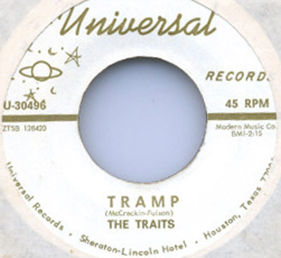The Traits Tramp 45 RPM Universal Records vinyl record featuring label information including U-30496 and ZTSB 128420, recorded in Houston, Texas.