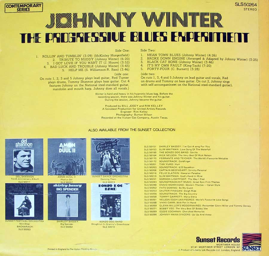 JOHNNY WINTER - Progressive Blues Experiment Sunset LibertY 12" LP Vinyl Album back cover