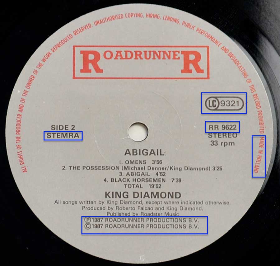 Close up of record's label KING DIAMOND - Abigail Netherlands RoadrunneR Side Two