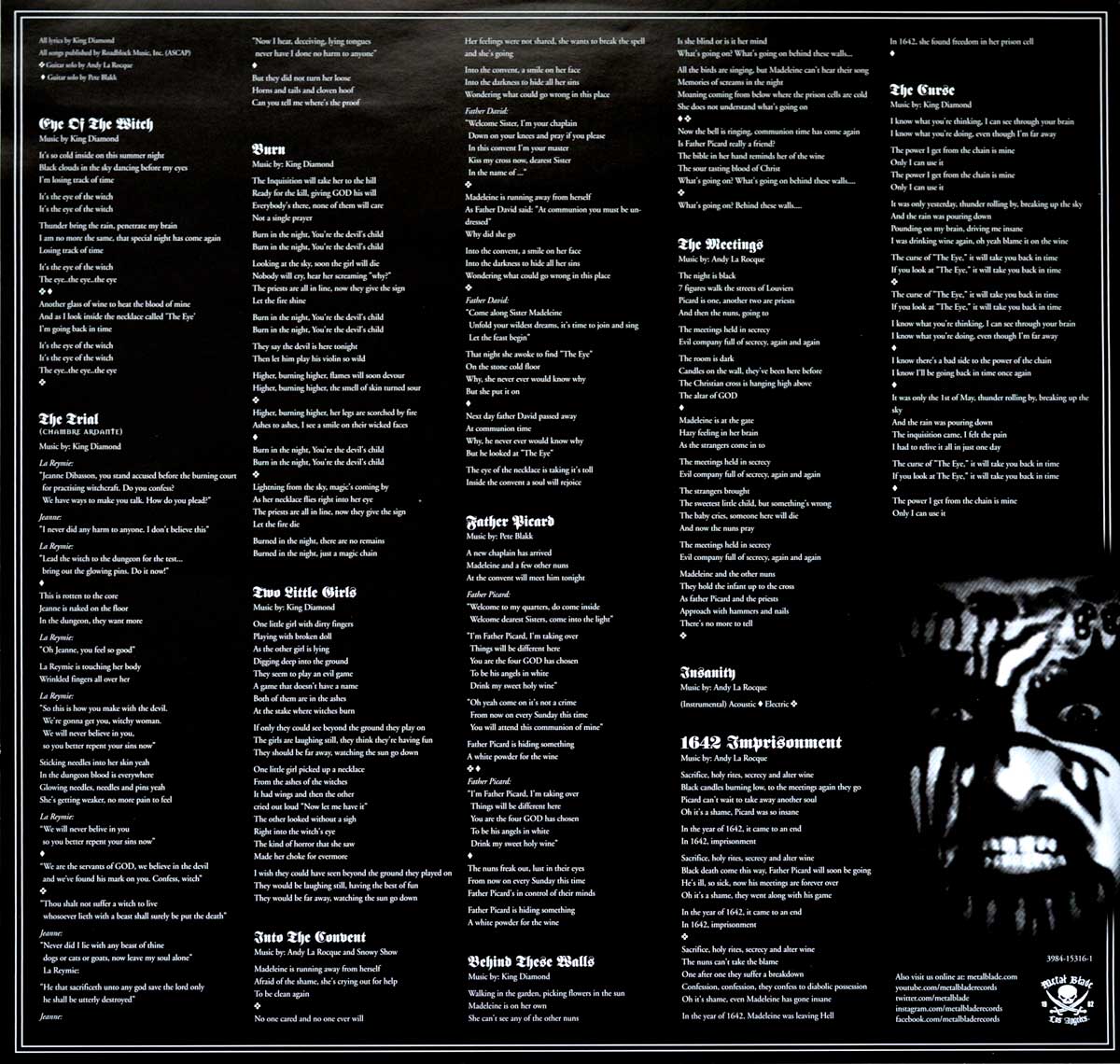 Inner sleeve of King Diamond's 'The Eye' featuring full album lyrics in gothic white text on a black background, with a sinister close-up of King Diamond's face in corpse paint.