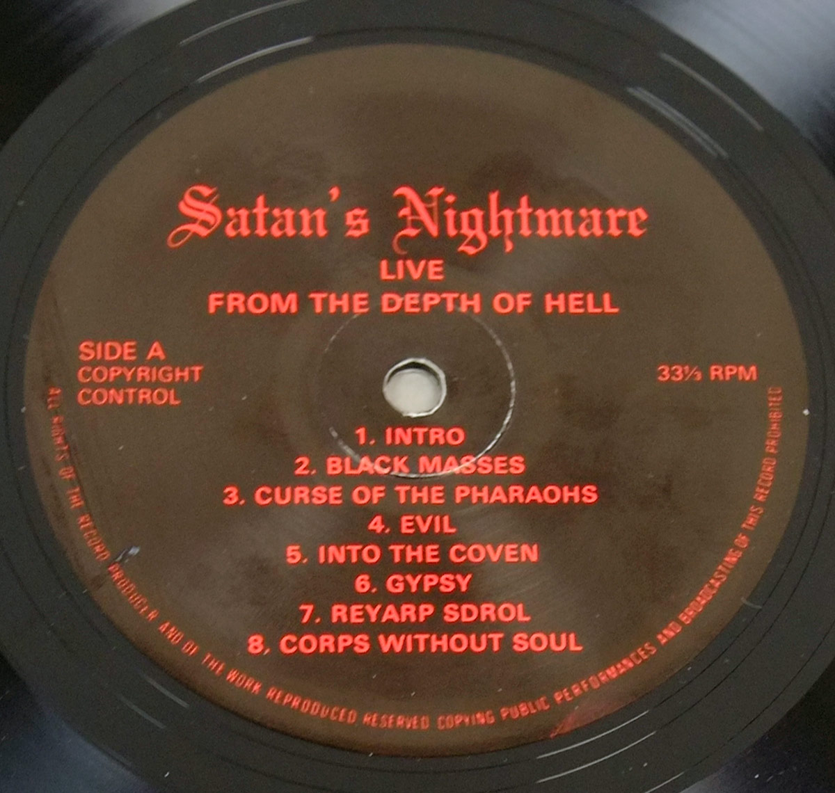Close up of record's label MERCYFUL FATE - Live From The Depth Of Hell 12" Vinyl LP Album 
 Side One