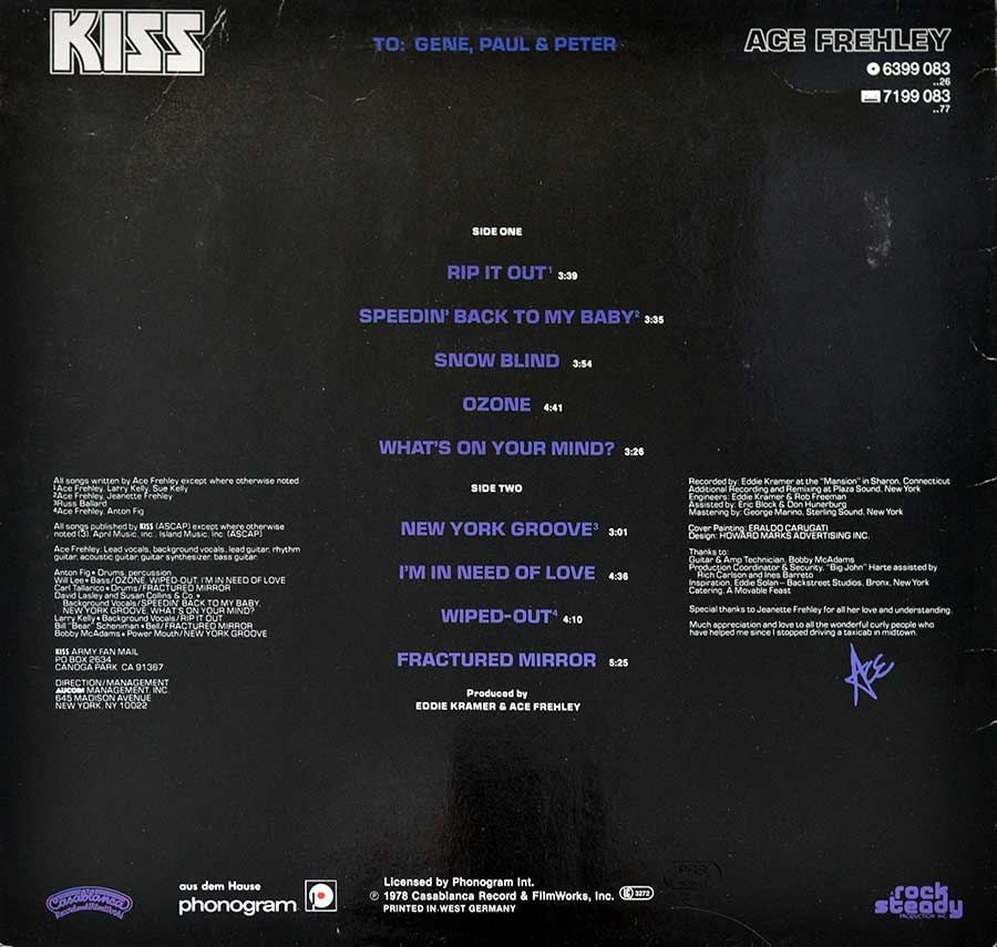 KISS - Ace Frehley Casablanca Records 12" LP Vinyl Album
 back cover